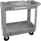 Olympia Tools 2-Shelf Plastic Utility Cart - Supports Up to 500 lbs, Ergonomic Handle - Heavy Duty Plastic Utility Cart - Great for Warehouse, Garage, Manufacturing, Cleaning (Grey)