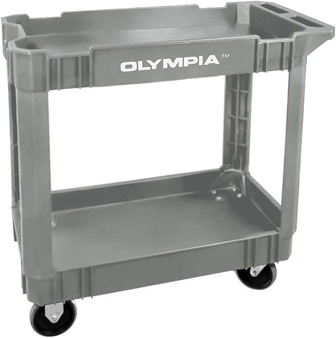 Olympia Tools 2-Shelf Plastic Utility Cart - Supports Up to 500 lbs, Ergonomic Handle - Heavy Duty Plastic Utility Cart - Great for Warehouse, Garage, Manufacturing, Cleaning (Grey)
