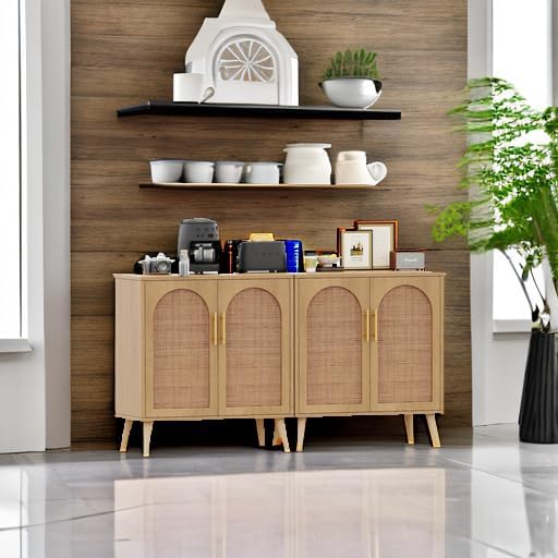 Rovaurx Set of 2 Rattan Storage Cabinet with Doors, Accent Bathroom Floor Cabinet, Modern Sideboard Buffet for Living Room, Entryway, Dining Room and Kitchen, Natural BMGZ108M02