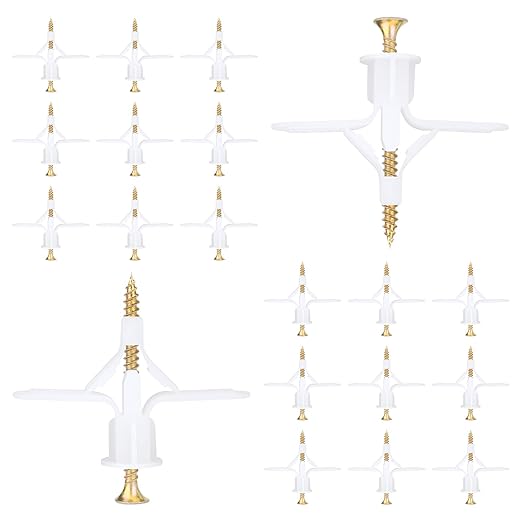 Hollow-Wall Anchors, One Size, 65Lbs Anchor 25pcs+Screw 25pcs Drywall Anchor kit with Screws, Self-Drilling Hollow Wall Anchor, White