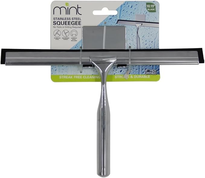 J&V TEXTILES All-Purpose Stainless Steel Shower Squeegee for Glass Doors with Adhesive Hooks, Squeegee for Shower Glass, Bathroom Household Cleaner Tool, 10 Inch (Silver)