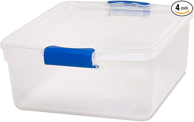 HOMZ 4-Pack Latching Lid, Small Clear Plastic Storage Bins w/ Lids, 15.5 Quart, Blue Latch - Stackable Container Boxes for Home, Bathroom, and Office Organization