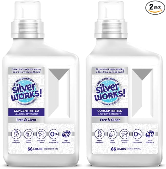 Powerful Odor Eliminating Laundry Detergent Liquid, Silver Ion Technology, Laundry Odor Eliminator For Clothes, Cleans, Deodorizes & Protects, 33 fl oz, 66 Loads, Free & Clear, Pack of 2