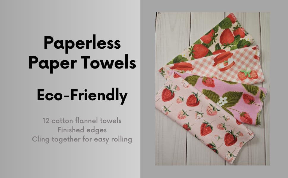 Paperless Towels, 12-12" X 10" Washable Paper Towels, Reusable Paper Towels, 100% Cotton (Strawberry Variety)