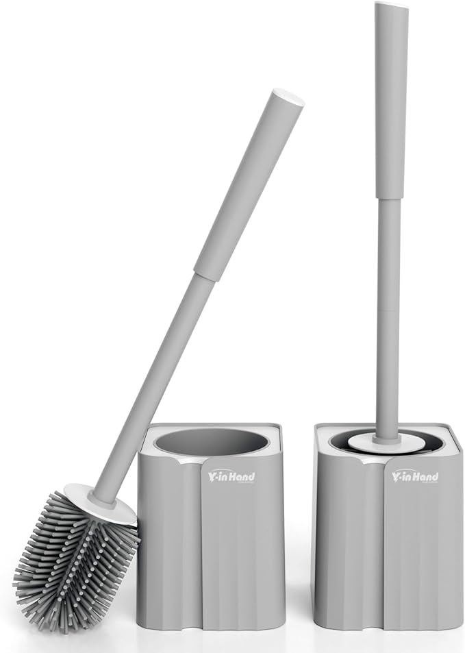 2 Pack Toilet Brush and Holder Set, Silicone Toilet Bowl Scrubber for Bathroom, Hidden and Space Saving Toilet Accessories with Caddy, Wall Mountable. (Grey)