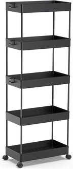SPACEKEEPER 5-Tier Rolling Cart, Bathroom Storage Organizer Utility Cart, Mobile Shelving Unit Slide Out Shelves for Kitchen Living Room Laundry Room & Dressers, Black