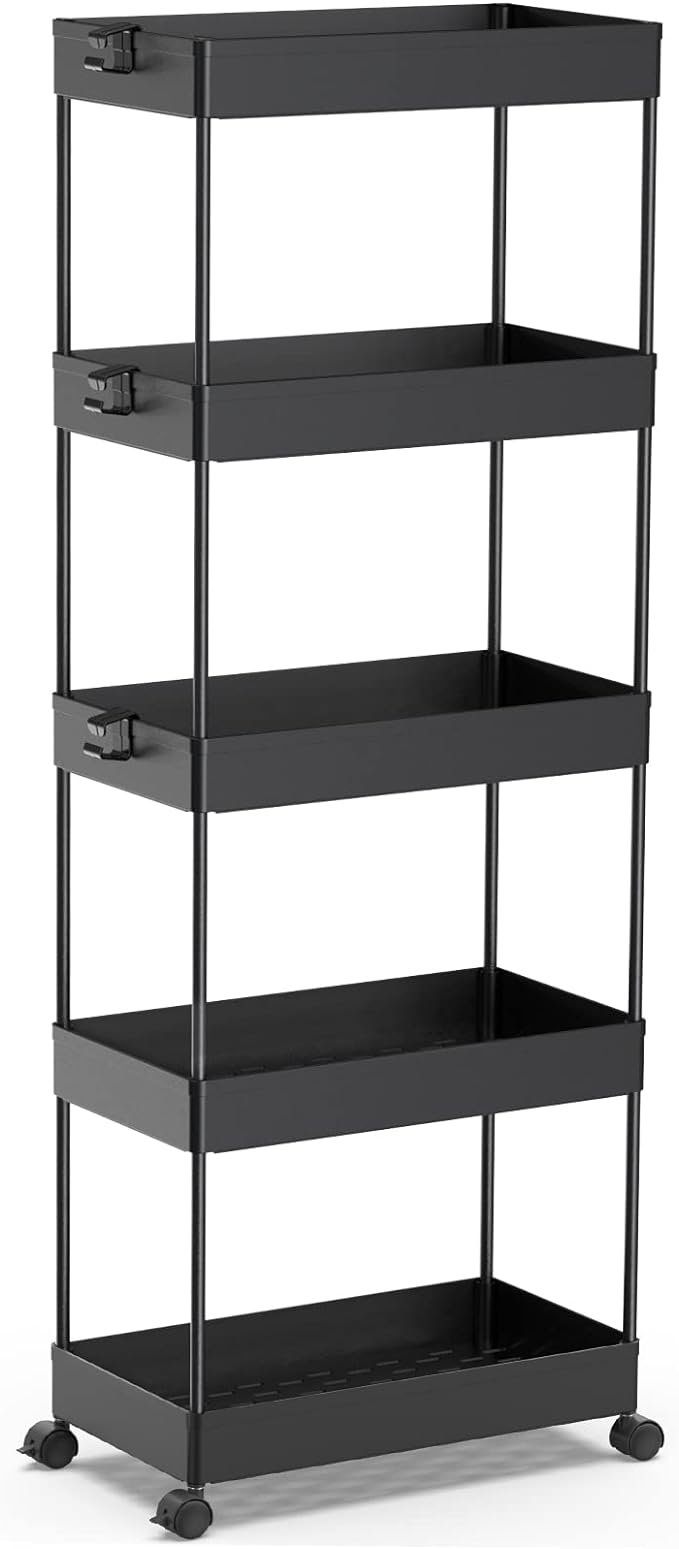 SPACEKEEPER 5-Tier Rolling Cart, Bathroom Storage Organizer Utility Cart, Mobile Shelving Unit Slide Out Shelves for Kitchen Living Room Laundry Room & Dressers, Black