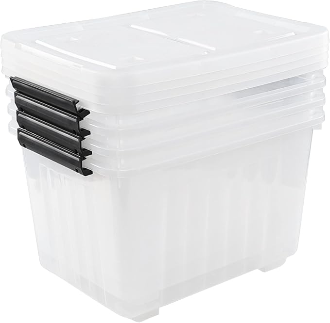 Farmoon 4 Pack 30 Quart Plastic Latching Storage Box Bin with Wheels, Clear