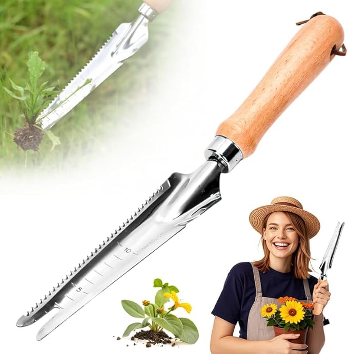 5-in-1 Weed Puller Tool with Wood Handle, Multifunctional 13inch Wooden Trowel Garden Tool, Trowel Garden Tool for Planting Weeding Digging Transplanting Cutting Measuring (1 PCS)