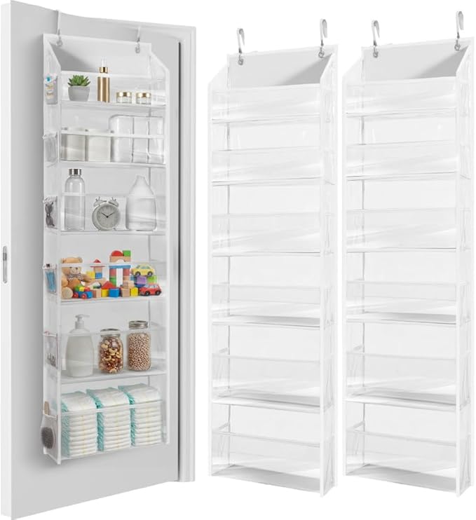 HOMELUX THEORY UPGRADED Over The Door Organizer Hanging - 100D EXTRA THICK & 50lbs HUGE CAPACITY 6Large Front & 12Side Pockets, Over The Door Shoe Organizer, Hanging Closet Organizer (Transparent 2pc)