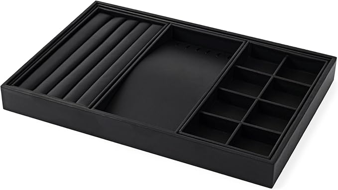 Oirlv 4 in 1 Black Premium Leather Multifunctional Jewelry Display Tray for Rings,Earrings and Bracelets Organizer and Storage