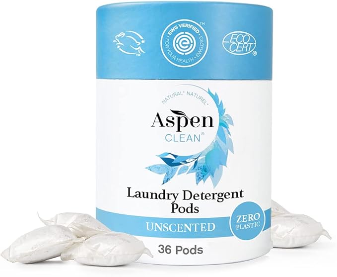 Unscented Laundry Pods by AspenClean, New and Improved Packaging, Zero Plastic, EWG Verified™, Vegan, Non-Bio, Hypoallergenic Natural Laundry Detergent - 36 Count