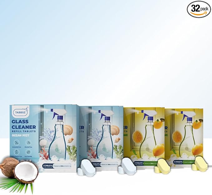 Glass Cleaner Refill Tablets | Plant-Based Streak-Free Window & Mirror Cleaner | Non-Toxic & Eco-Friendly Cleaning Solution | Plastic-Free Packaging | Assorted - Pack of 32