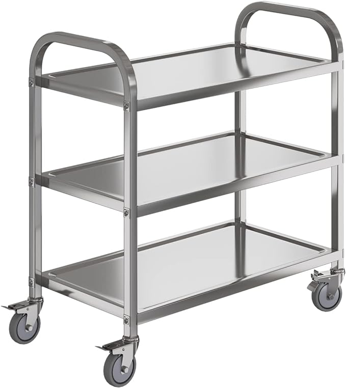 Heavy Duty Stainless Steel Utility cart，Industrial Serving cart with Wheels, 3 Shelf 360°Rotation Storage Trolley with Locking Wheels 500 lbs Capacity，1MM Thick 33.5 * 17.4 * 35.4' L*W*H.