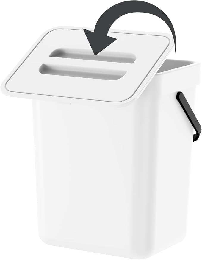 Compost Bin Kitchen, for use on Countertops or Under Sinks, Hanging Trash Can with Lid, for Cupboard/Bathroom/Bedroom/Office/Camping, Mountable Indoor Compost Bucket(White 1.3 Gallon/5L)