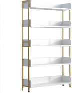 Wide Open Shelf Bookcase - Modern 5-Tier Floor Standing Display Bookshelf with Top Edge for Home and Office, Storage Shelving in Warm White with Gold Frame
