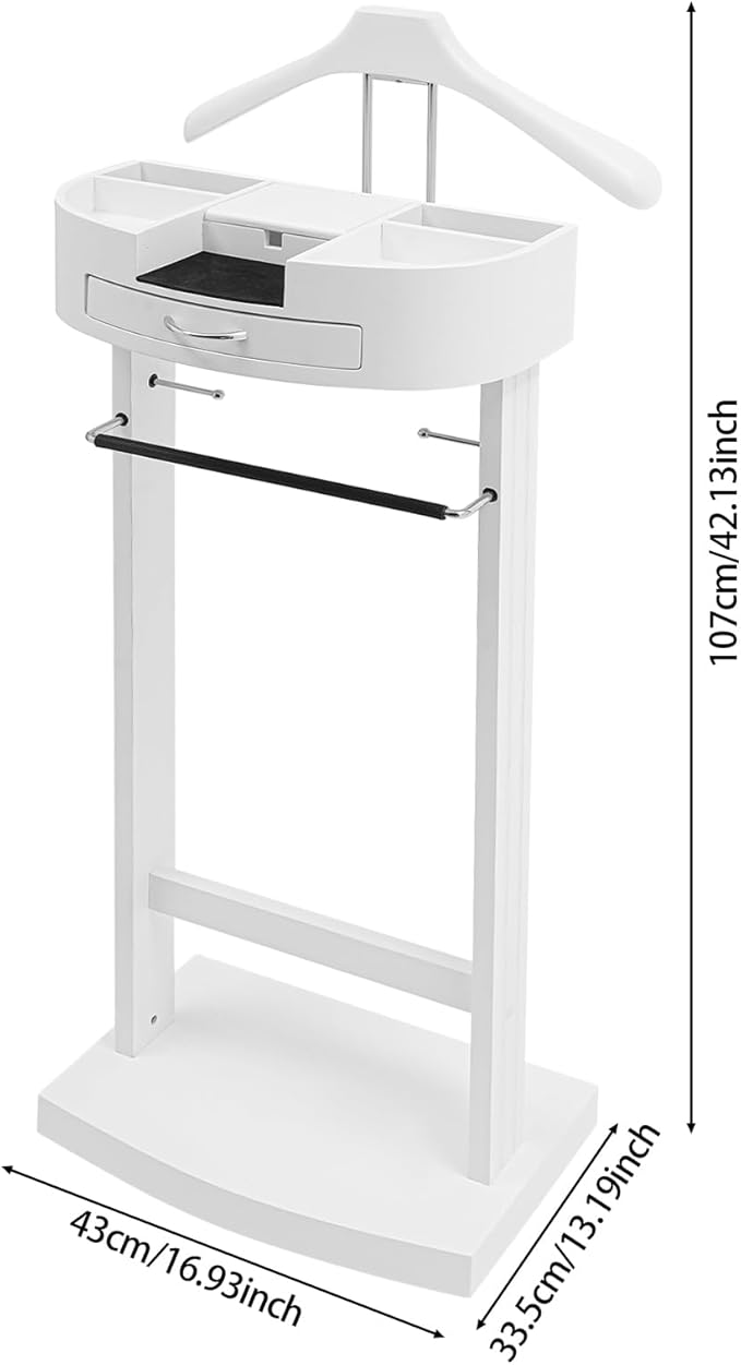Valet Stand with Drawer and Top Tray, Wood Mens Suit Valet Stand with Wood Base, Freestanding Clothes Valet Stand with Hanger, Storage Organizer for Entryway Office Living Room (B, White)