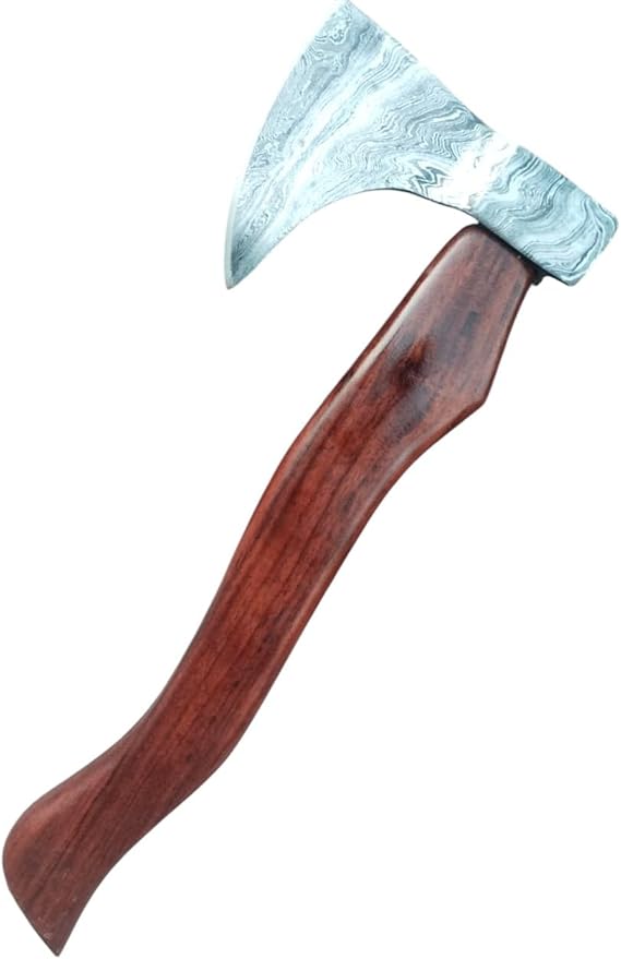 Handmade Damascus Axe with Sheath – Viking Style Hatchet with Curved Wooden Handle for Camping, Hiking, Chopping, Bushcraft, Gardening & Display