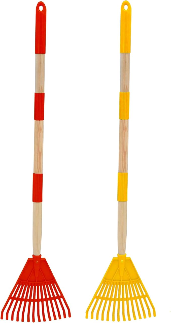 Kids Leaf Rake - 3-Section Adjustable Handle, Lightweight, Wood & Plastic, Small Garden Tool for Children (Red+Yellow)