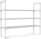 LANTEFUL 3 Tier Shoe Rack for Closet, Shoe Organizer with 5 Hooks, Long Shoe Shelf Storage for Shoe and Boot Stackable Free Standing Shoe Rack for Entryway, Garage, Small Spaces, Dorm, White