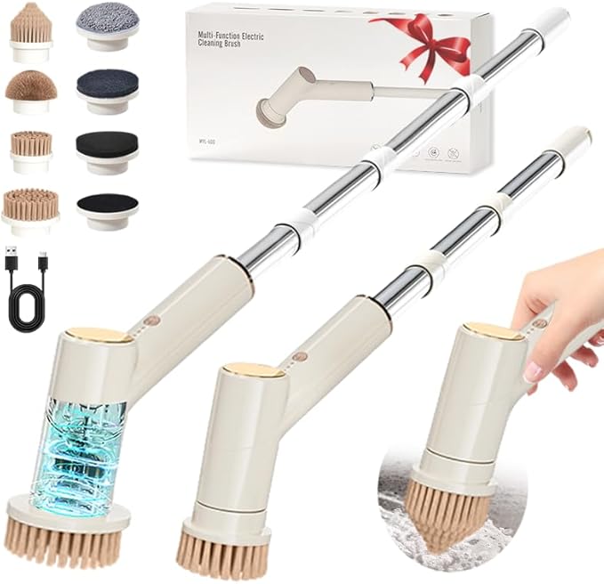 Electric Spin Scrubber, Battery 2.5H with Extra-Long Runtime, 10 Brush Heads, IPX7 Waterproof Power Shower Scrubber with Long Handle, 2 Speeds Cordless Cleaning Brush for Bathroom Bathtub