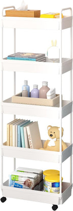 5-Tier Storage Cart，Shelf Organizer Mobile Shelving ，Utility Rolling Cart，Multifunction Movable Storage Organizer with Lockable Wheels,White