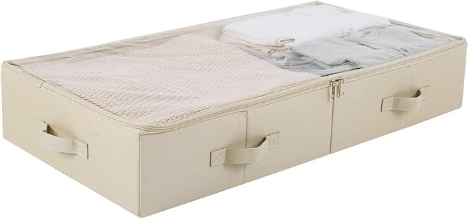 31.5"(85cm) Length Spacious Visible Lidded Under Bed Storage Bins for Shoes, Blankets, Toys Organization Containers, Wedding Dress Storage Box, Beige