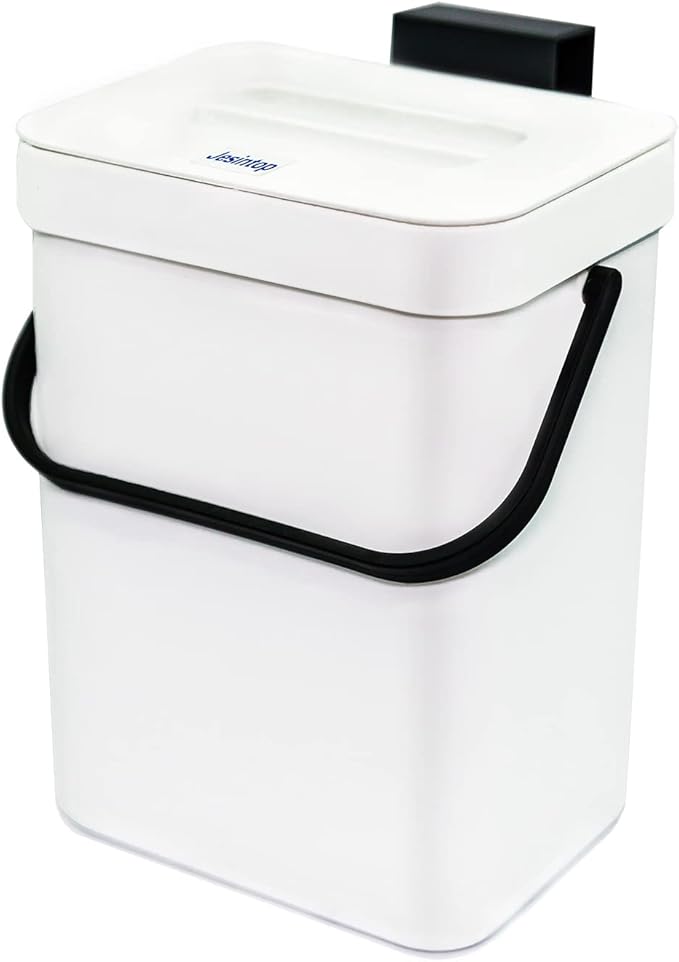 Kitchen Compost Bin Indoor for Counter Top,Hanging Small Trash Can with Lid,Food Waste Bin,Mountable Compost Busket 1.3 Gal/5 L Series,White