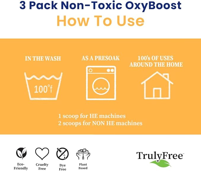 OxyBoost - Oxygen Whitener & Clothes Stain Remover Laundry Detergent Powder with Sodium Percarbonate - Brightens Whites & Safe for Colors - Non-Chlorine, Gentle Yet Powerful - Pack of 3