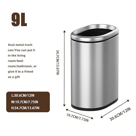9L/2.4GAL Silver Bathroom Trash Can, Chrome Open Double Bin, Narrow Garbage Can for Bedroom, Hotel, Office, RV (Silver)