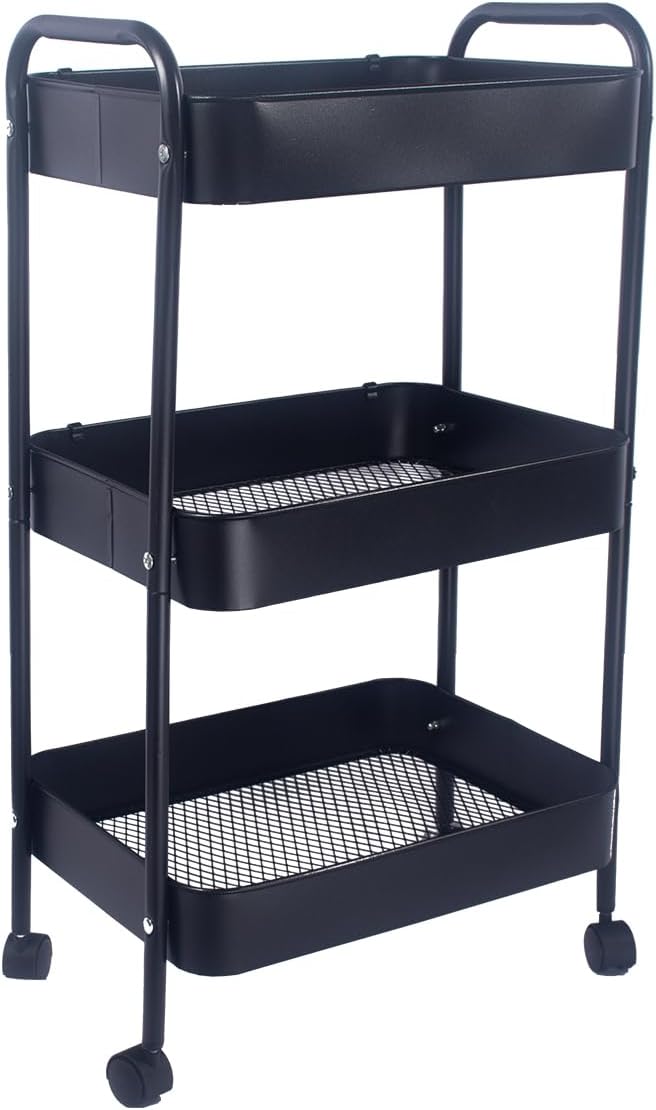 XIUSHE 3-Tier Metal Utility Cart Rolling Storage Organizer, Portable and Sturdy, with Wheels, Ideal for Office, Kitchen, Bathroom, Classroom, and More, Black