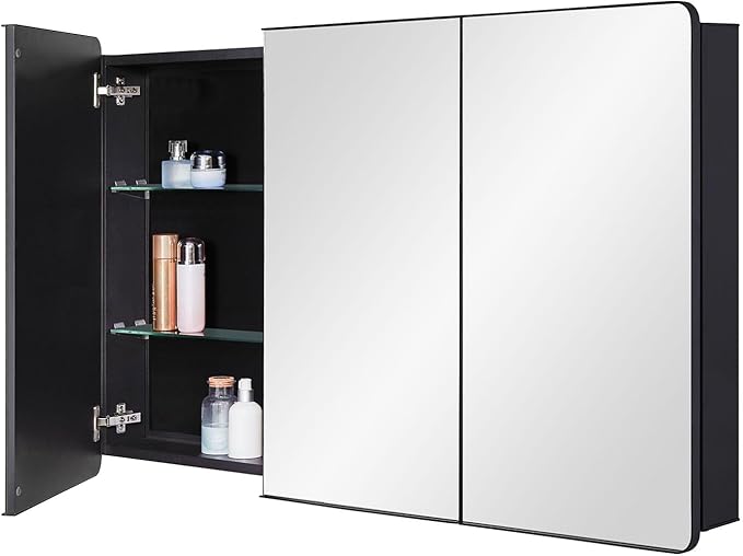 Bathroom Mirror Medicine Cabinet with Round Corner Framed Door 48 x 30 inch, Black，Recessed or Surface Mount, with Adjustable Glass Shelves