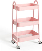 3-Tier Metal Rolling Utility Cart, Small Rolling Cart Kitchen Trolley Bathroom Laundry Room Bar Office Shelves Storage Organizer Shelving Unit with Caster Wheels for Narrow Places, Pink