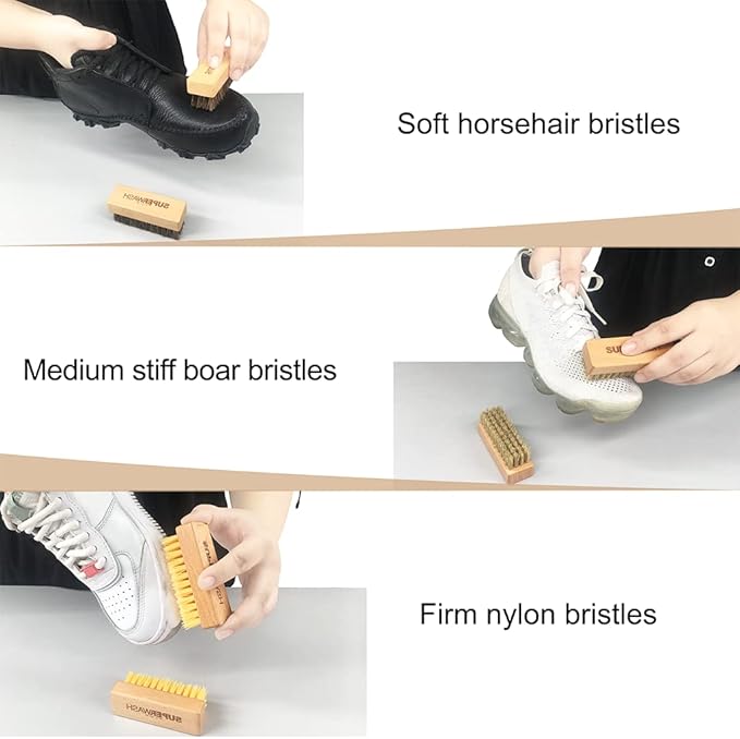 Shoe Cleaning Brush Set with Nylon, Boar and Horsehair Bristles, Wooden Sneaker Cleaner Brush for Leather, Suede, Canvas, Textile, Bags and Accessories - 3 Pack