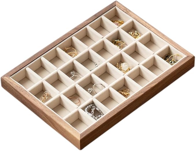 28-Grid Black Walnut Wooden Jewelry Tray with Velvet Lining, Premium Jewelry Display Tray for Earrings and Rings, Drawer Organizer Display Tray for Women's Jewelry Collection