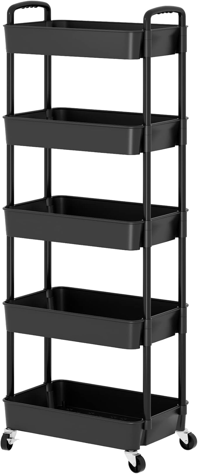 Sywhitta 5-Tier Plastic Rolling Utility Cart with Handle, Multi-Functional Storage Trolley for Office, Living Room, Kitchen, Movable Storage Organizer with Wheels, Black