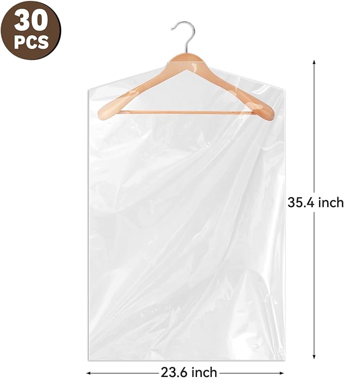 30 PCS 35.5 Inch Plastic Garment Bag, Dry Cleaner Bags Laundry Bags, Clear Hanging Clothing Covers for Coat Suit Shirt Jacket Skirt
