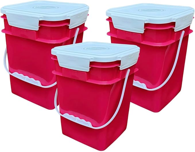 House Naturals 4 Gallon Square Food Grade Bucket Pail with Plastic Handles and Lid (Pack of 3) Made in USA containers (Magenta - White lids)
