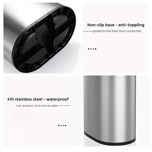 9L/2.4GAL Silver Bathroom Trash Can, Chrome Open Double Bin, Narrow Garbage Can for Bedroom, Hotel, Office, RV (Silver)