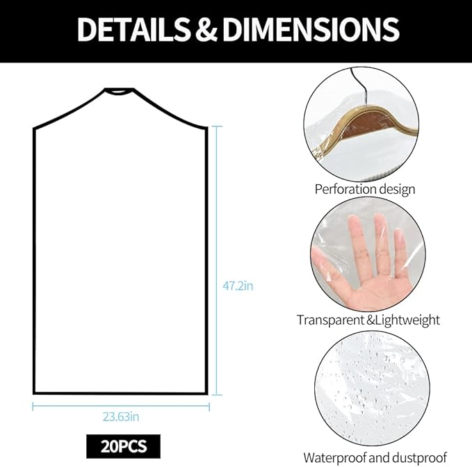 BEISHIDA 20PCS 47 Inch Plastic Garment Bag-Plastic Clear Dry Cleaner Laundry Bags for Clothes Cover Hanging Clothes Storage for Long Dresses Skirt Coat Suit Shirt Jacket