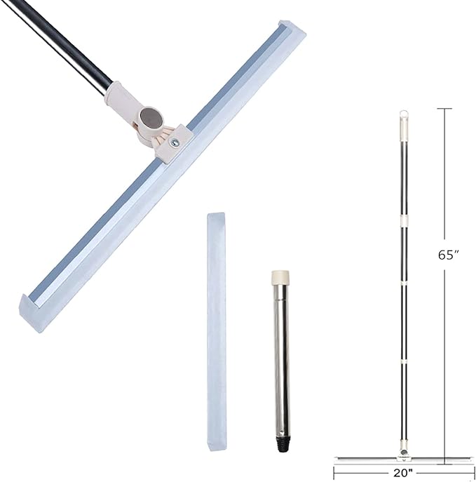 Floor Squeegee 20 inch Silicone Long Handle of 65" for Window Cleaning Shower Squeegee Scrubber Combi with Pole Extendable Telescopic Adjustable Stainless Glass Squeegee Bathroom Shower