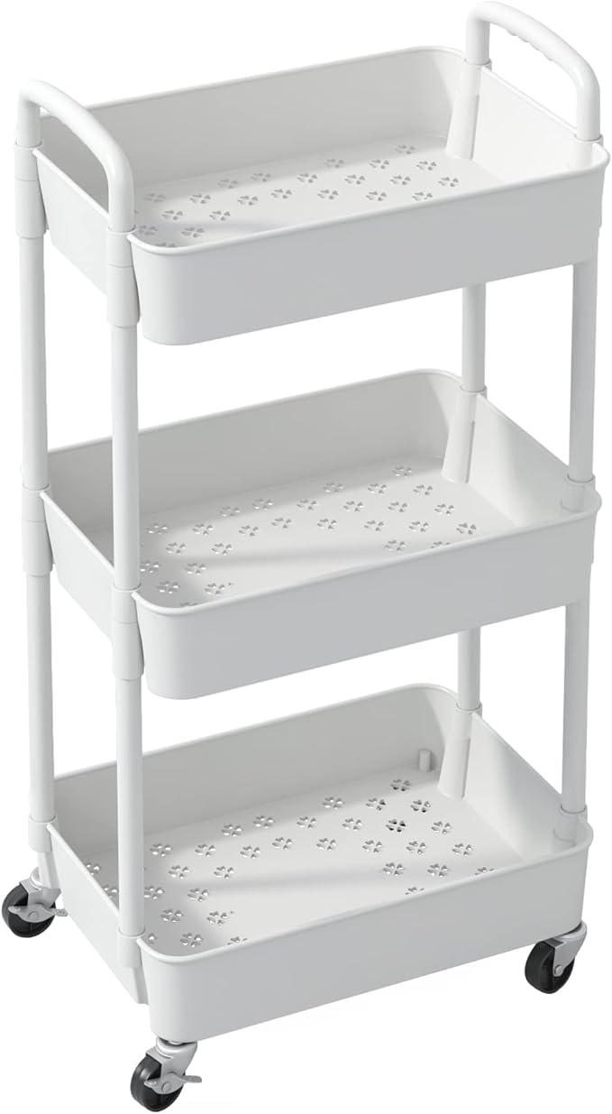 Sywhitta 3-Tier Plastic Rolling Utility Cart with Handle, Multi-Functional Storage Trolley for Office, Living Room, Kitchen, Movable Storage Organizer with Wheels, White
