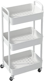 Sywhitta 3-Tier Plastic Rolling Utility Cart with Handle, Multi-Functional Storage Trolley for Office, Living Room, Kitchen, Movable Storage Organizer with Wheels, White