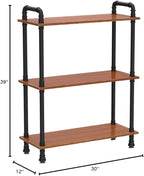 Industrial Bookshelf, 3 Tier Pipe Shelving, Industrial Pipe Shelf - Rustic Brown, 29.5" L x 11.8" W x 39" H