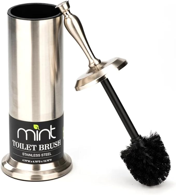 J&V TEXTILES Toilet Brush, Toilet Bowl Brush with Extra Long Handle Durable Bristles Toilet Scrubber and Covered Holder for Toilet Brush Set for Bathroom Cleaning (Brushed Satin Nickel)
