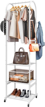 Clothes Rack With Wheels and 3-Tier Metal Shelves,Clothing Rack For Hanging Clothes With 4 Hooks,Garment Rack Wardrobe Organizer for Small Space,Black (white, 16.54 * 18.23 * 72.05)