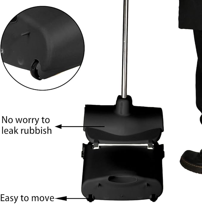 Long Handle Heavy Duty Broom and Dustpan Set, Outdoor and Commercial Upright Dustpan and Brush for Restaurant Garage Garden Yard Office,Black