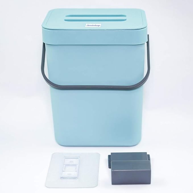 Kitchen Compost Bin Indoor for Counter Top,Hanging Small Trash Can with Lid,Food Waste Bin,Mountable Compost Busket 1.3 Gal/5 L Series,Blue
