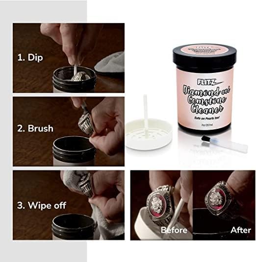 FLITZ Diamond and Gemstone Cleaner Dip Jar - 7oz USA-Made Gold & Sterling Silver Jewelry Cleaner Solution Dip Tool with Tray & Brush - Ring Cleaning Kit to Remove Dirt & Grime on Fine Jewelry