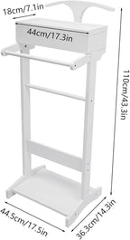 TFCFL Wooden Suit Rack with Drawer & Trouser Holder, Multi-functional Coat Stand for Hats/Scarves/Belts, Space-Saving Standing Suit Valet Stand for Home/Office, 22lbs Load Capacity (White)